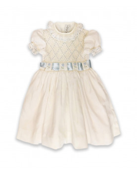 Mafalda, girl smocked party dress, cream and pale blue.