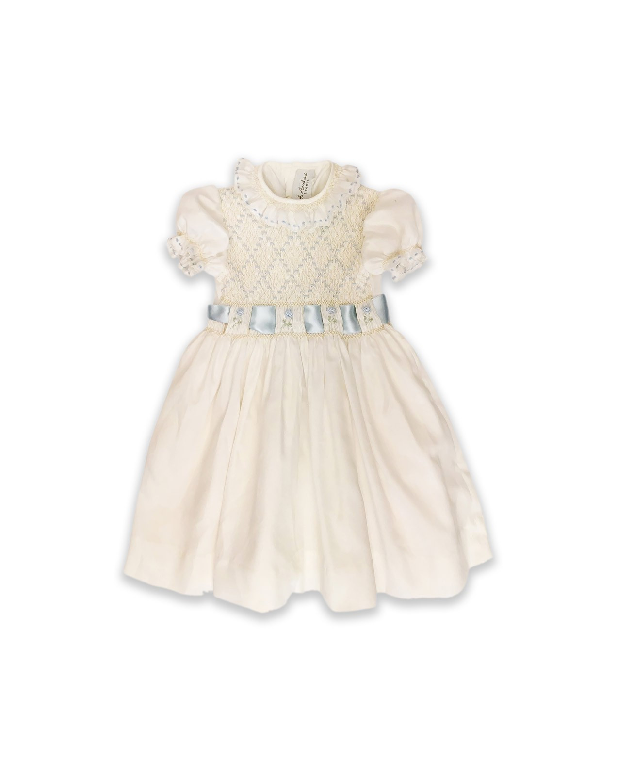 Mafalda, girl smocked party dress, cream and pale blue.