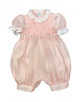 Christening silk romper with smocked bodice