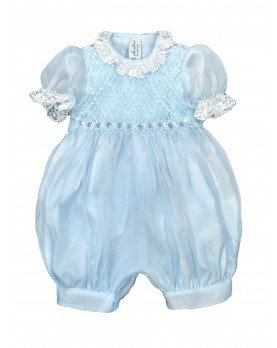 Christening silk romper with smocked bodice, pale blue organdis.