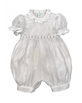 Christening silk organdis whote romper with smocked bodice