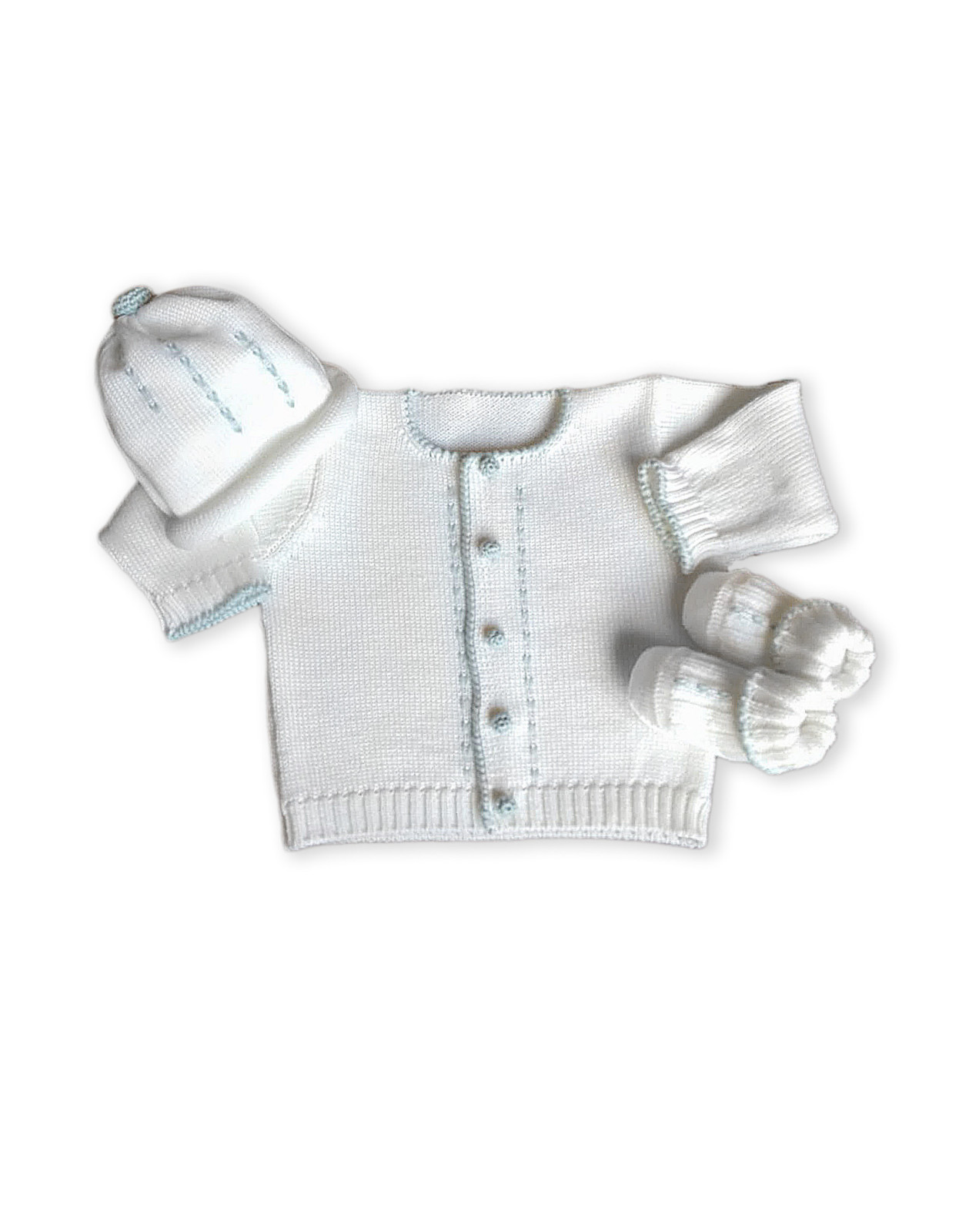 Confezione regalo per baby in pura lana merinos, rifiniture fatte a mano.