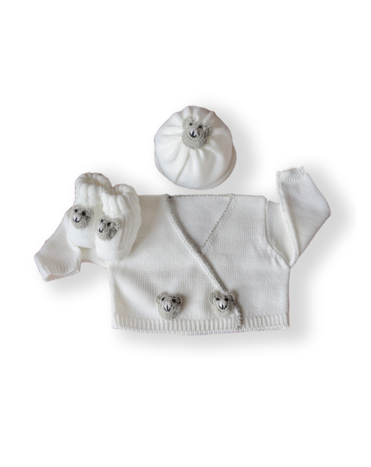 Baby  100% knitted wool set, hand made fished with smart crochet bears.