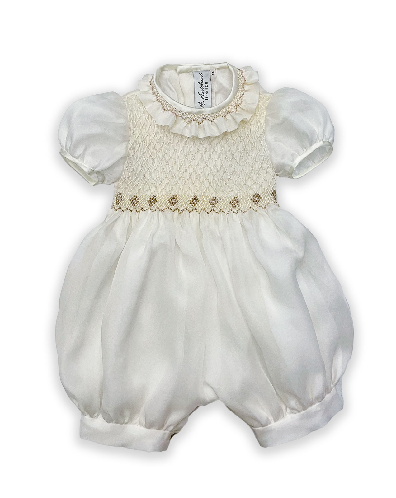 Baby silk romper with smocked bodice