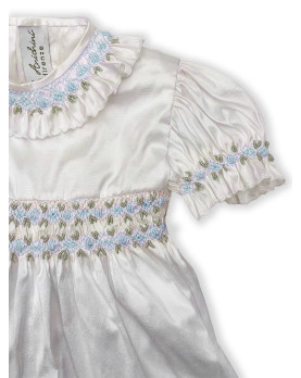 Christening silk romper with pale blue smocked bodice