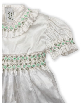 Christening silk romper with tiffany green smocked bodice