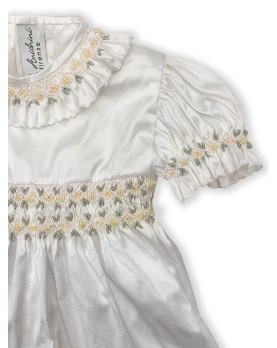 Christening silk romper with yellow smocked bodice