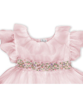 Smocked dress Greta, silk, cap sleeves. Detail pink.