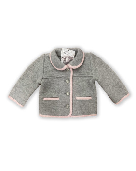 Giacca per bambini in lana cotta merinos 100%, grigio bordi rosa.
