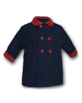 Joy cappottino per baby , in lana blu con rifiniture di velluto rosso.