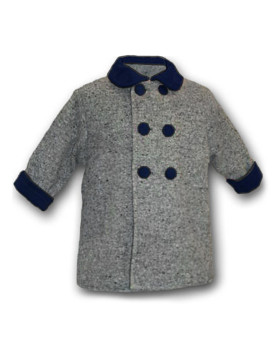 Joy cappottino per baby , in lana grigia con rifiniture di velluto blu.