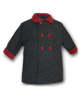 Joy cappottino per baby , in lana grigio scuro con rifiniture di velluto rosso.