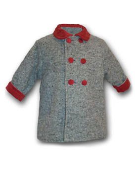Joy cappottino per baby , in lana grigia con rifiniture di velluto rosso.