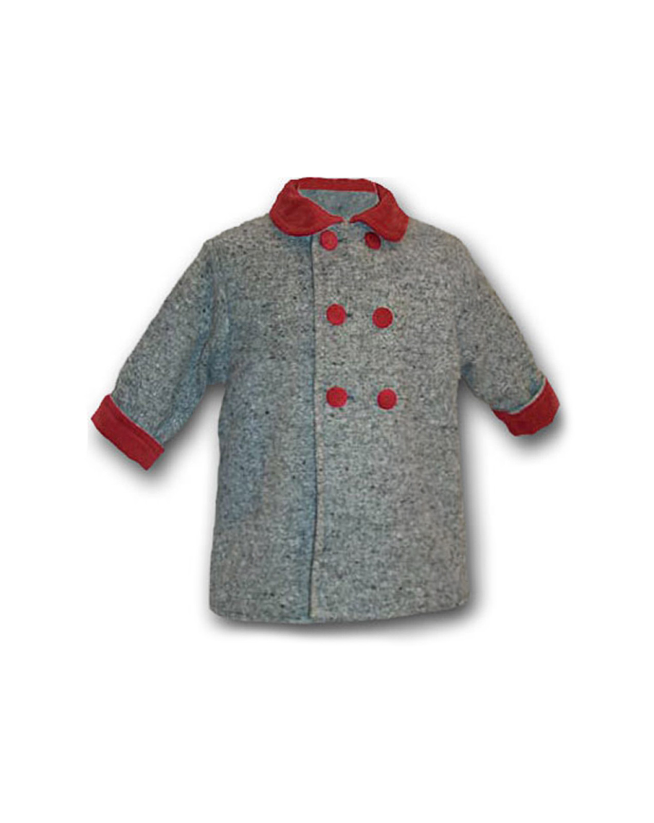 Baby Coat Joy, wool grey fabric and red velvet trims.