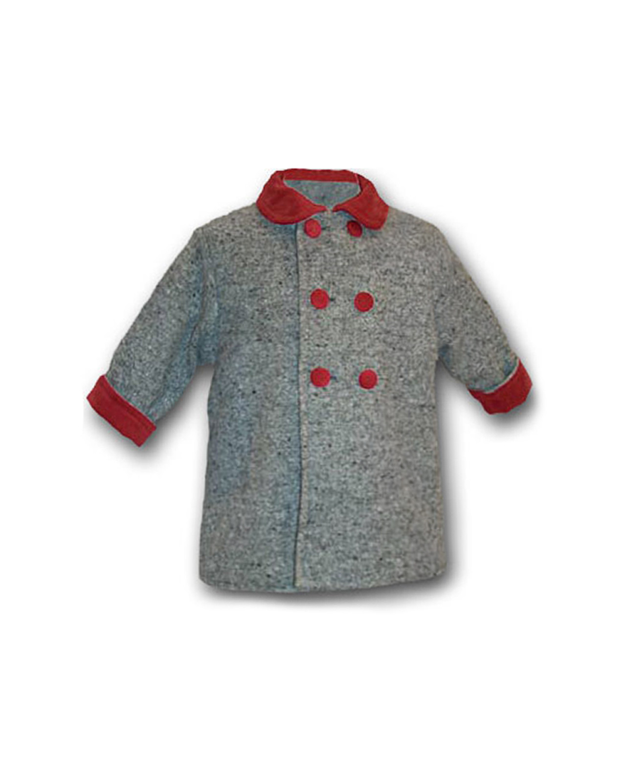 Joy cappottino per baby , in lana grigia con rifiniture di velluto rosso.