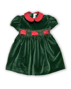 Abito Natalizio in velluto verde con smock per bambina.