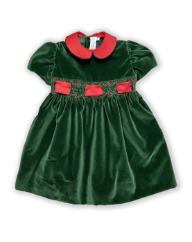 Christmas Girl green velvet smocked dress