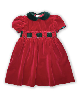 Christmas Girl red velvet smocked dress