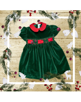 Christmas Girl green velvet smocked dress