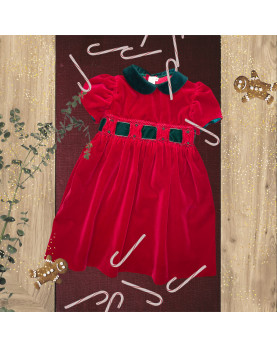 Christmas Girl red velvet smocked dress