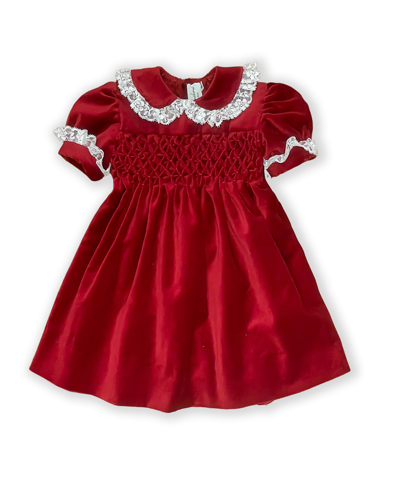 Iconic girl red velvet smocked dress with Valenciennes laces