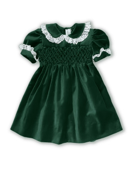 Iconic girl green velvet smocked dress with Valenciennes laces