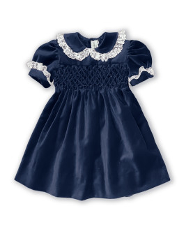 Iconic girl navy velvet smocked dress with Valenciennes laces