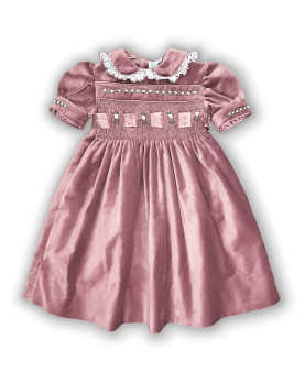 Pink velvet dress with embroideries and smock