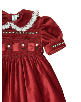 Red velvet dress with embroideries and smock, detail