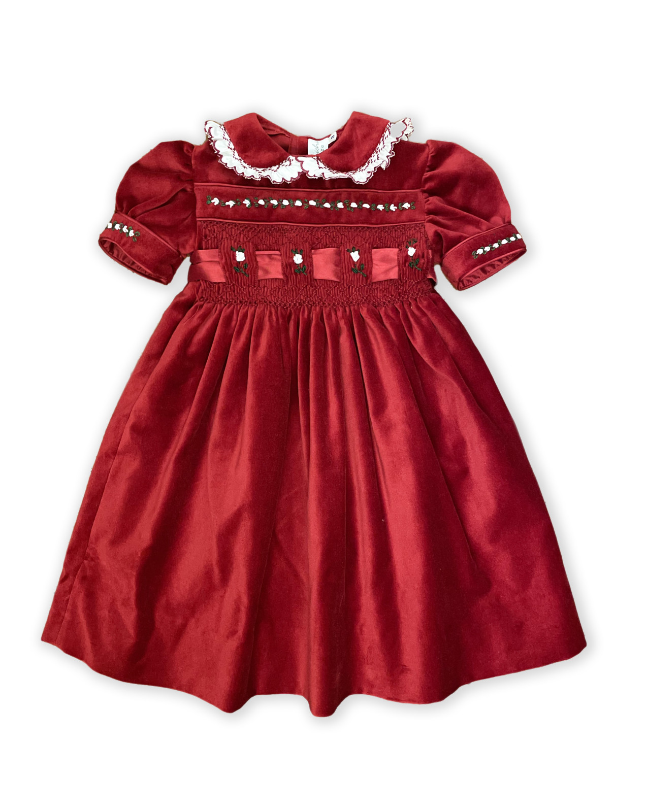 Red velvet dress with embroideries and smock