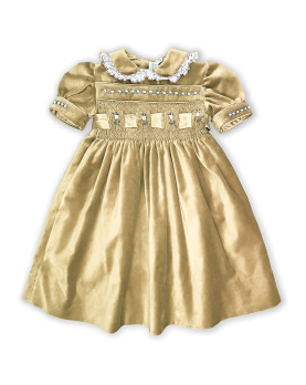 Yellow velvet dress with embroideries and smock