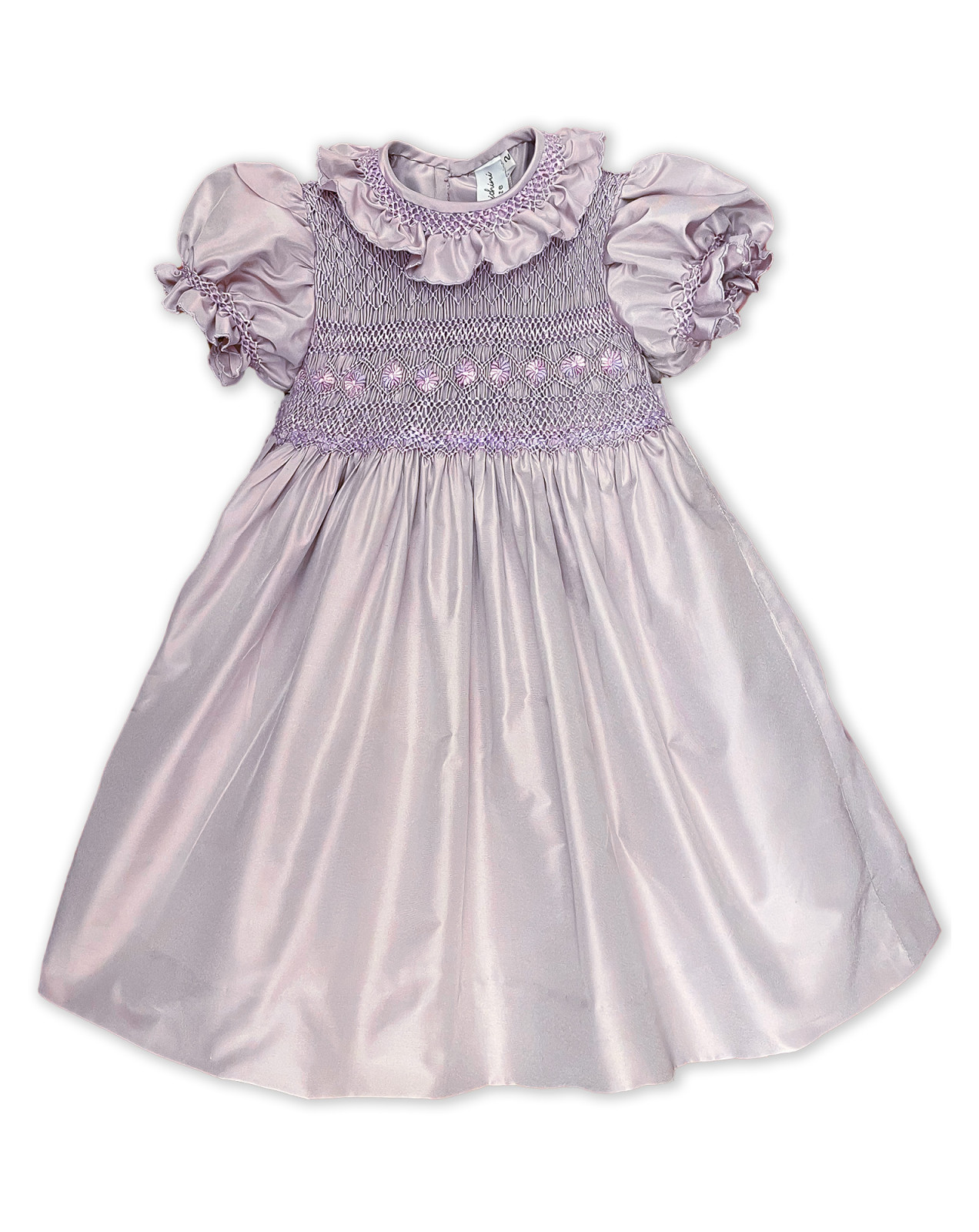 Nilla silk shantung lilac smocked dress