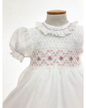 Luisa abito smock rosa, per bambina in organza di seta, dettaglio.