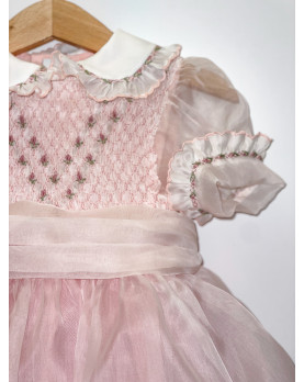 Abito elegante da cerimonia per bambina con smock e fascia in vita, Diana rosa.