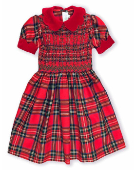 Tartan girl dress with smock stitch.