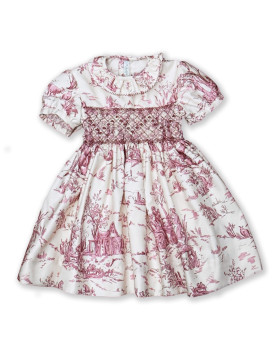 Manon abito per bambina in tessuto Toile de Jouy rosa.