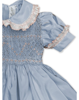 Elettra  smocked girl dress in silk shantung, detail blue