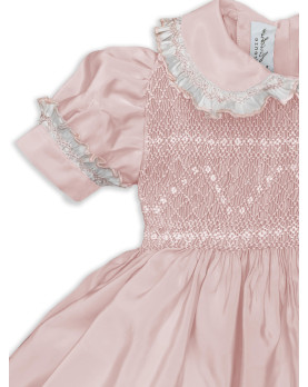 Elettra  smocked girl dress in silk pink shantung, detail.