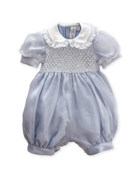 Pagliaccetto battesimo organza di seta celeste con smock Serafino