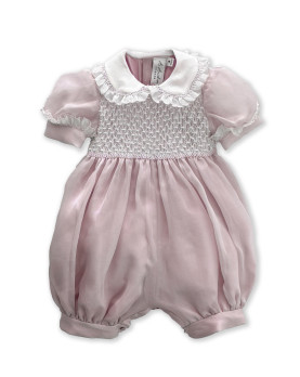Pagliaccetto battesimo organza di seta rosa con smock Serafino