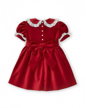 Eloisa abito velluto rosso con nido d'ape e pizzo Valencienne per  bambina - Dietro