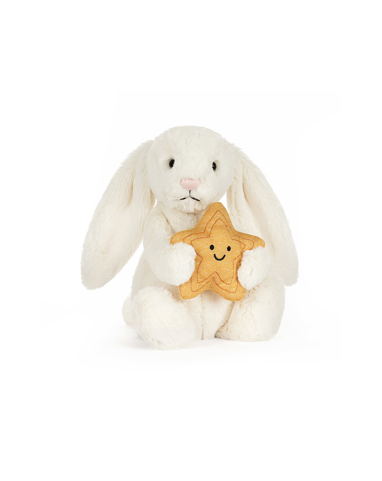 Peluche Jellycat Bashful Bunny color panna che tiene una stella dorata tra le zampe.